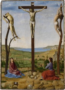 Kruisiging met Heilige Maria en Heilige Johannes Evangelist door Antonello da Messina